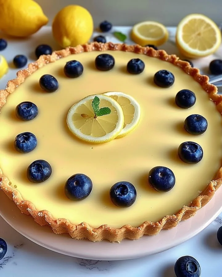 Refreshing no-bake lemon tart with coconut and Biscoff crust on a plate