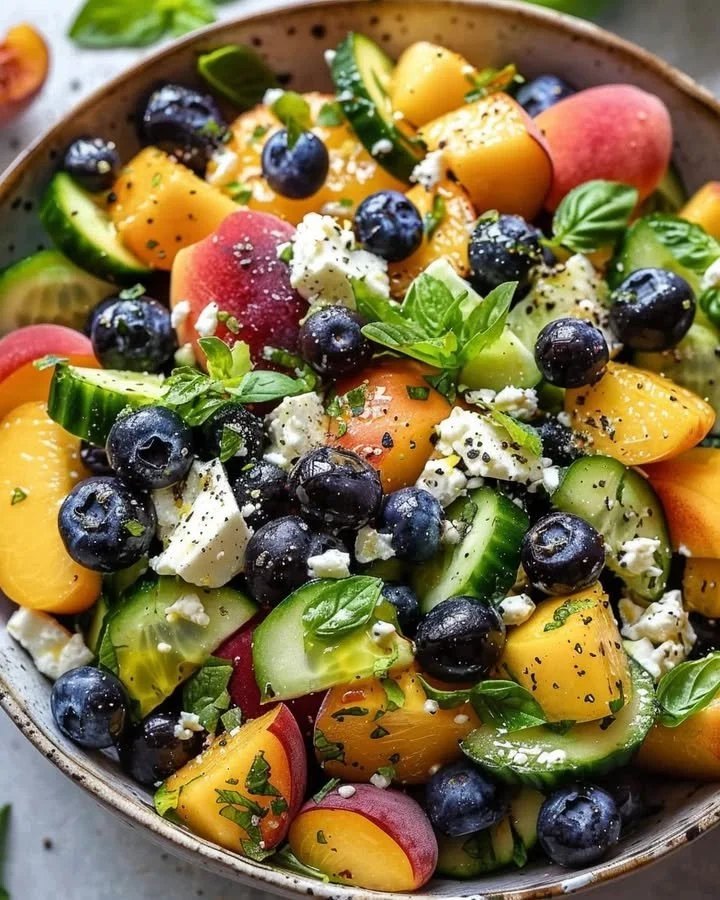 Refreshing summer medley featuring blueberries and peaches in a vibrant bowl.