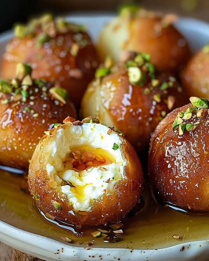 Delicious ricotta pistachio honey bites served on a plate