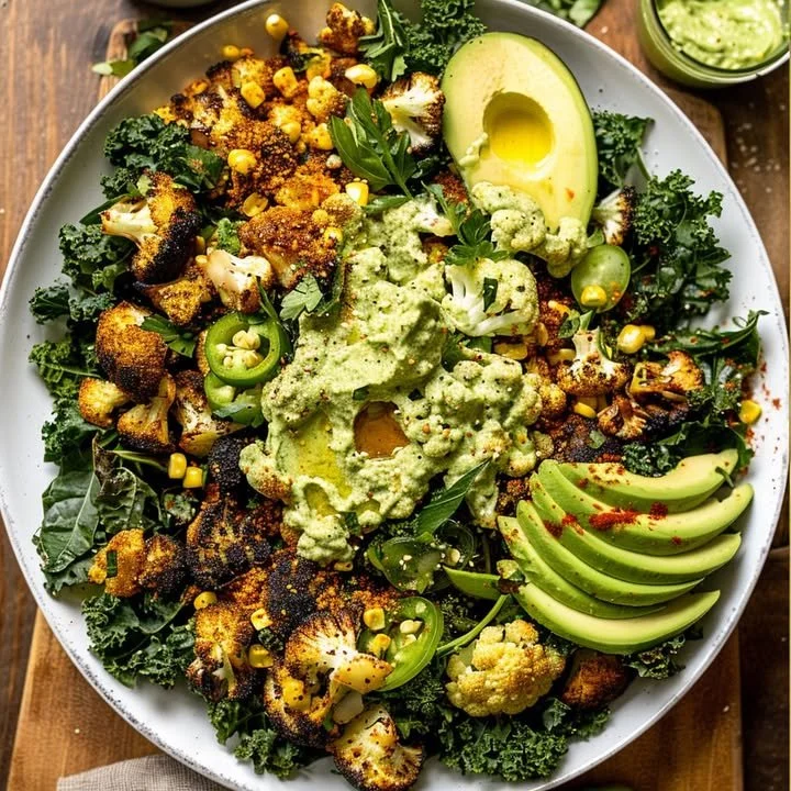 Roasted blackened cauliflower and veggie salad in a bowl