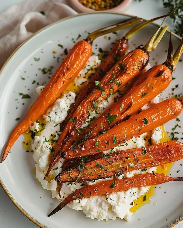 Plate of roasted carrots topped with whipped feta cheese