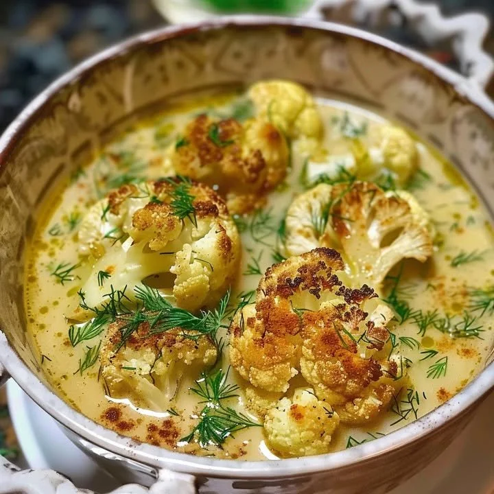 Bowl of creamy roasted cauliflower and dill soup garnished with herbs