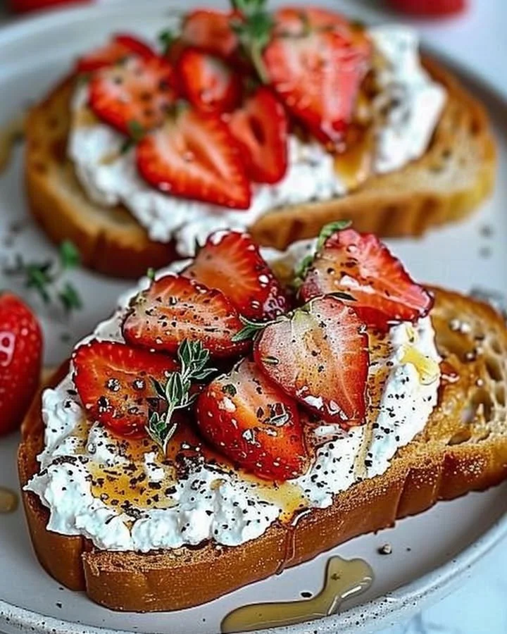 Roasted strawberry whipped ricotta toast topped with fresh strawberries and mint