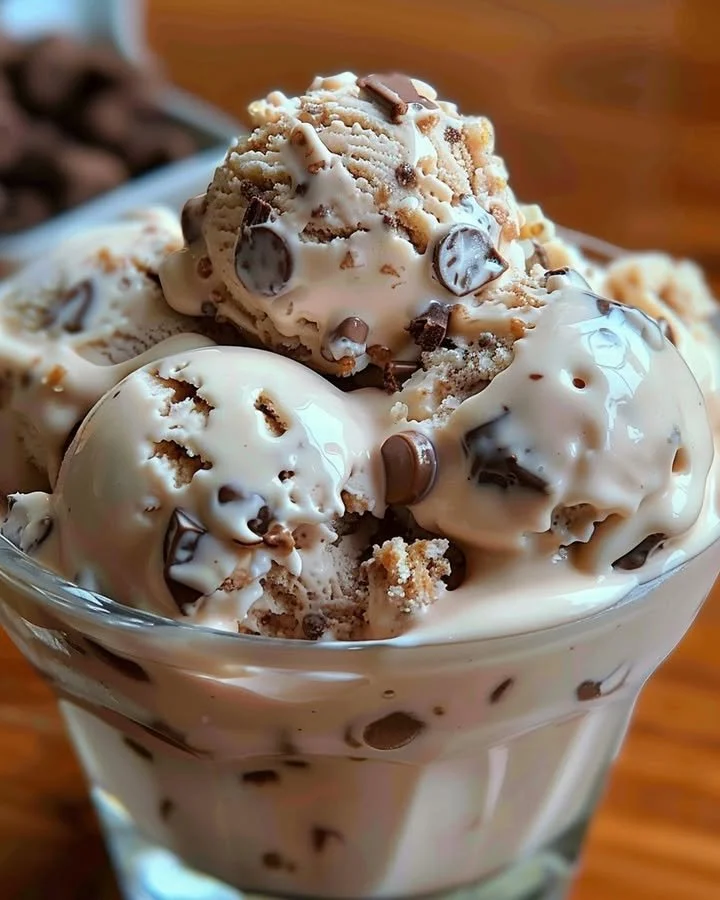 Delicious scoop of Rocky Road ice cream topped with marshmallows and nuts.