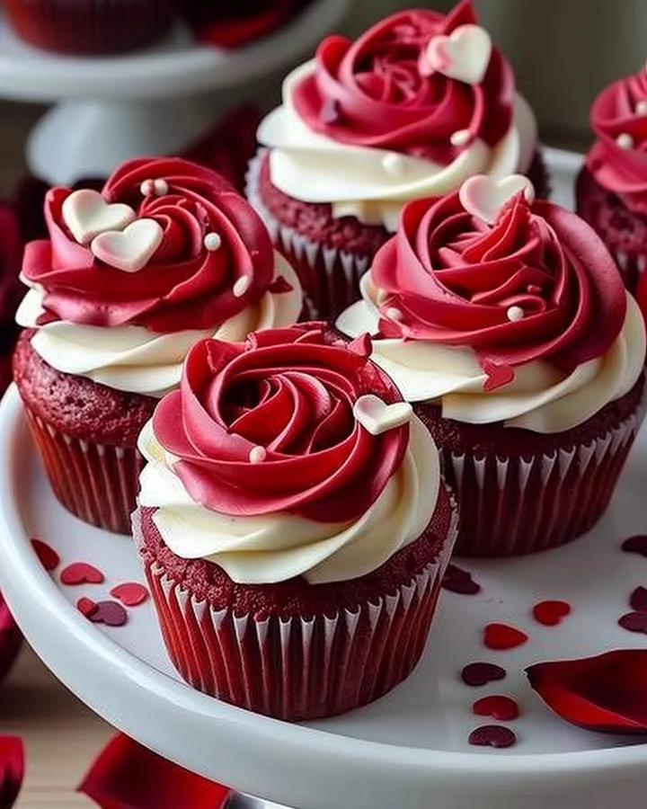 Delicious rose red velvet cupcakes topped with cream cheese frosting