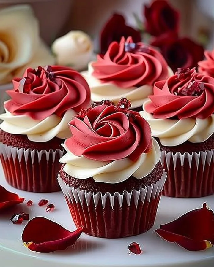Delicious Rose Red Velvet Cupcakes topped with cream cheese frosting