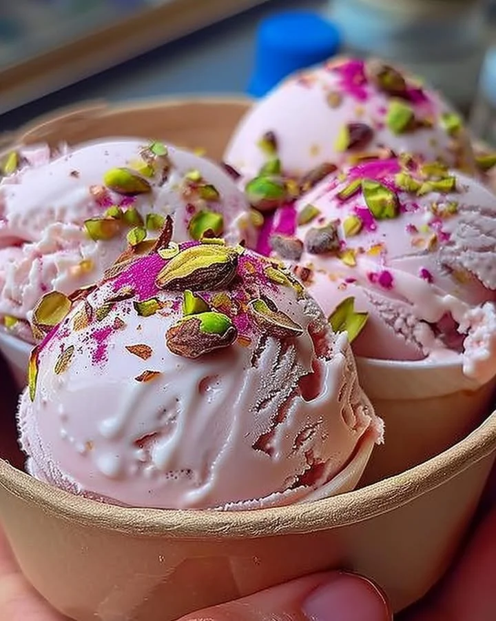 Rosewater Pistachio Delight Gelato in a bowl, garnished with pistachios