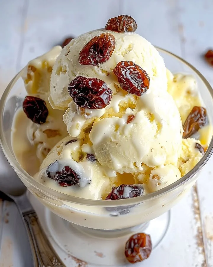 Delicious bowl of rum raisin ice cream with plump raisins and a creamy texture.