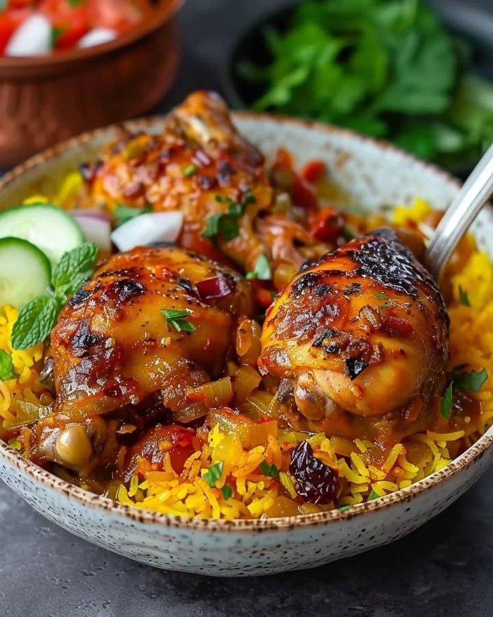 Saffron and spice infused chicken with delicious barberry rice on a plate