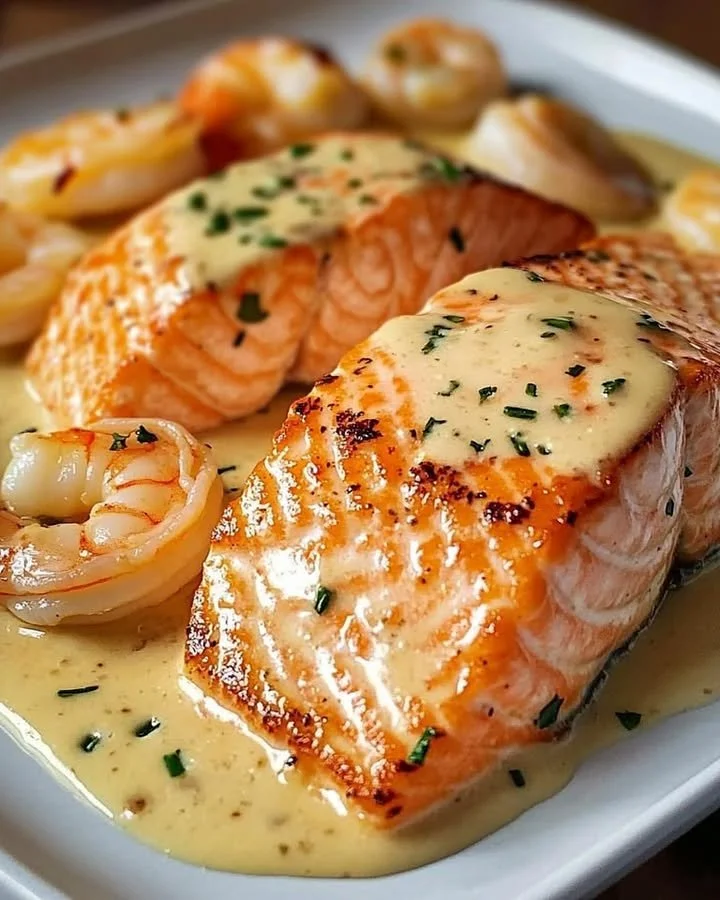 Plate of salmon and shrimp with creamy garlic sauce garnished with herbs