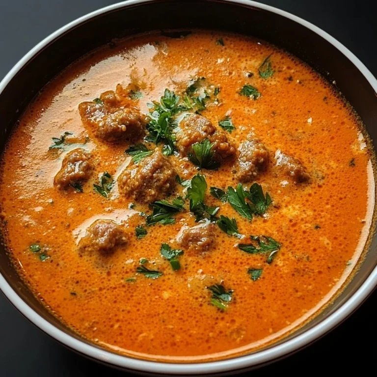 Bowl of Sausage Tomato Cream Cheese Soup garnished with herbs.
