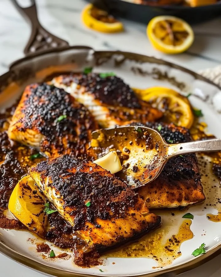 Savory blackened cod served on a plate with herbs and lemon.