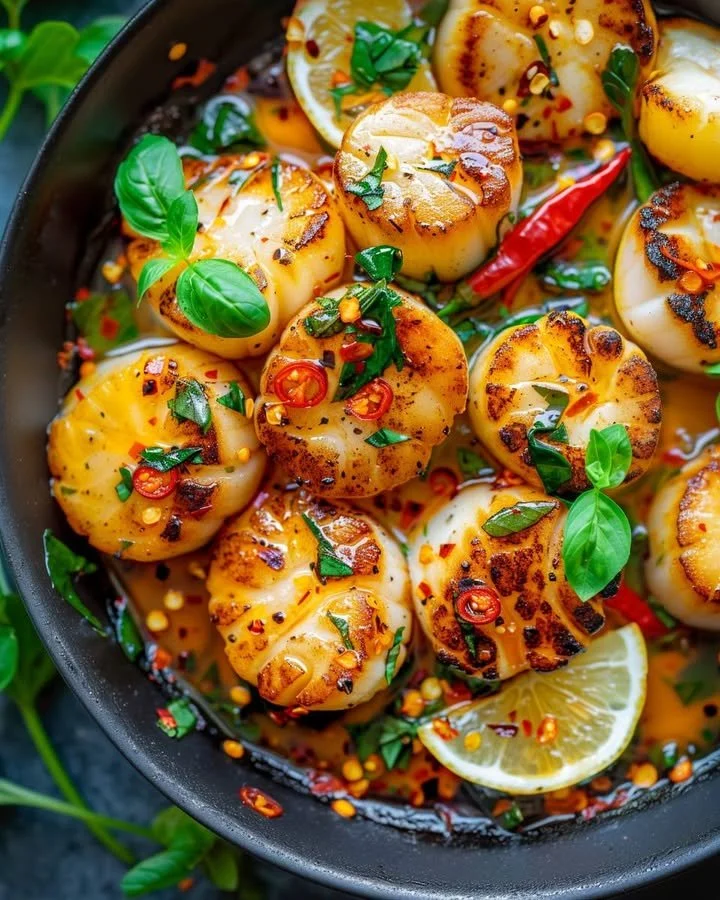Pan-seared scallops with Thai basil and chili sauce ready to serve.