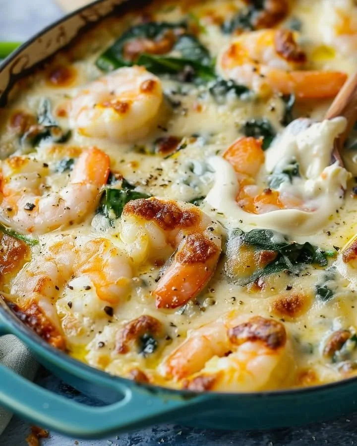 Delicious Shrimp and Spinach Cream Bake ready to serve.