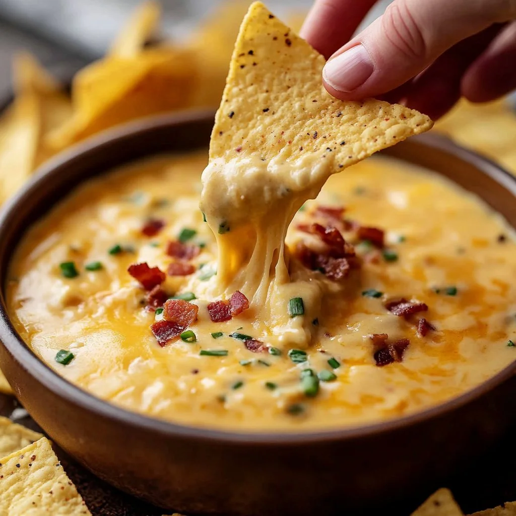 Bowl of simple Crockpot cottage cheese queso with tortilla chips