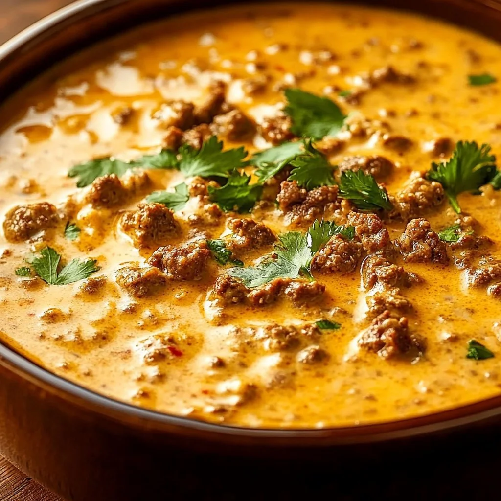 Delicious simple ground beef cottage cheese queso served with tortilla chips