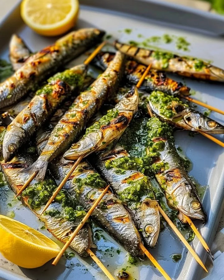 Delicious sizzling sardine skewers ready to be enjoyed at a barbecue