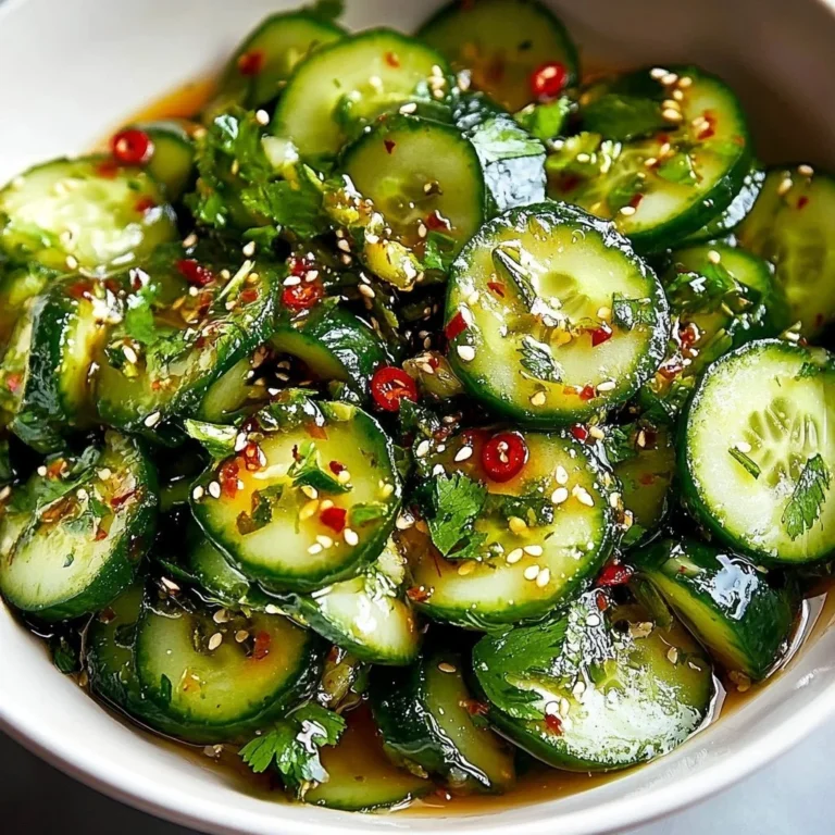 Fresh Smashed Asian Cucumber Salad garnished with herbs and spices