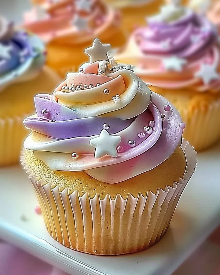 Soft pastel star cupcakes with buttercream frosting