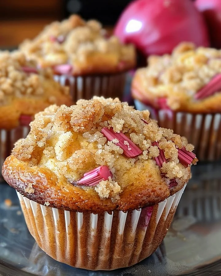 Soft rhubarb muffins with cinnamon sugar topping freshly baked