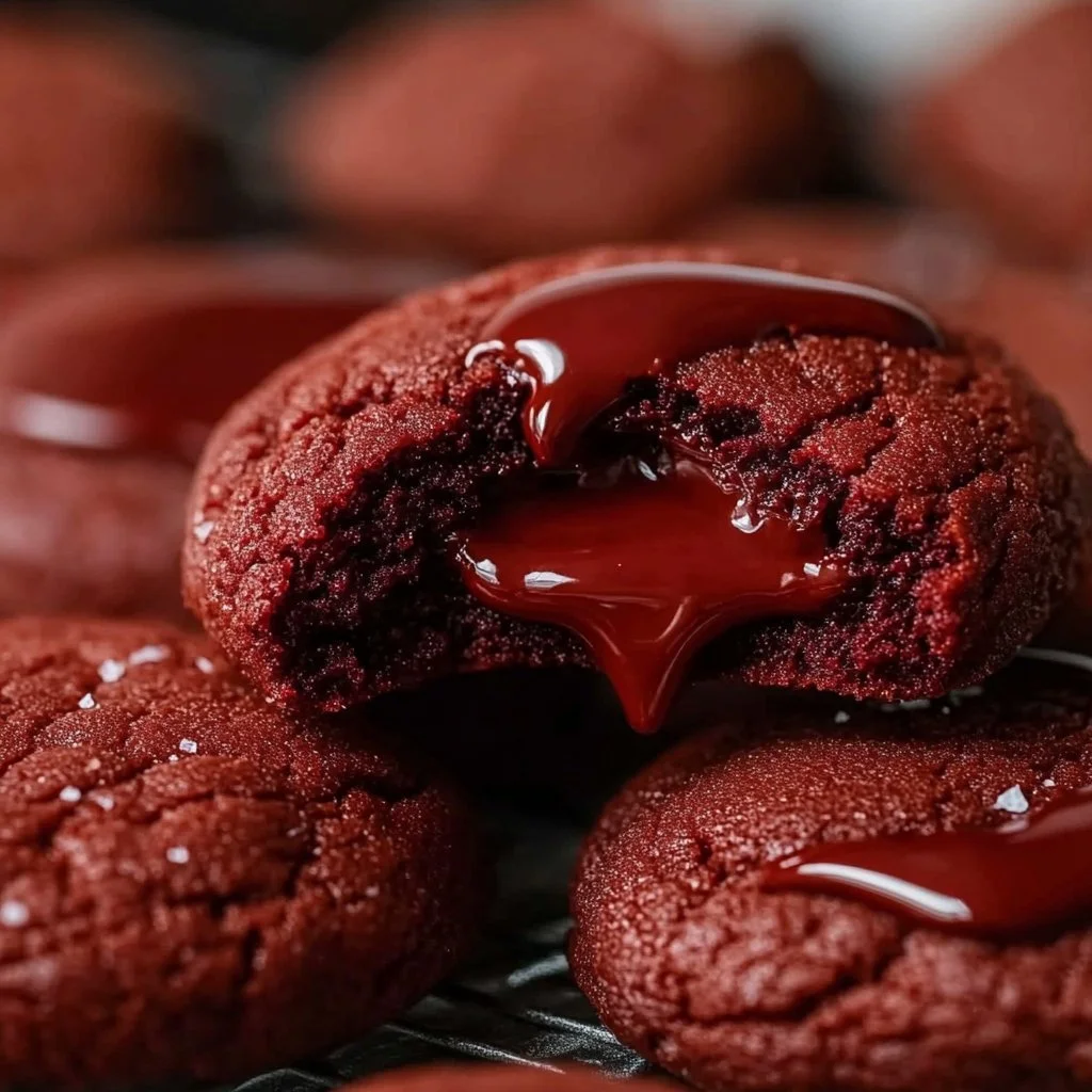 Delicious soft red velvet cookies filled with Nutella on a plate