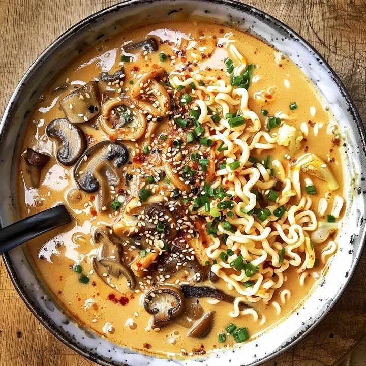 Bowl of Spicy Coconut Curry Ramen garnished with fresh herbs and chili flakes