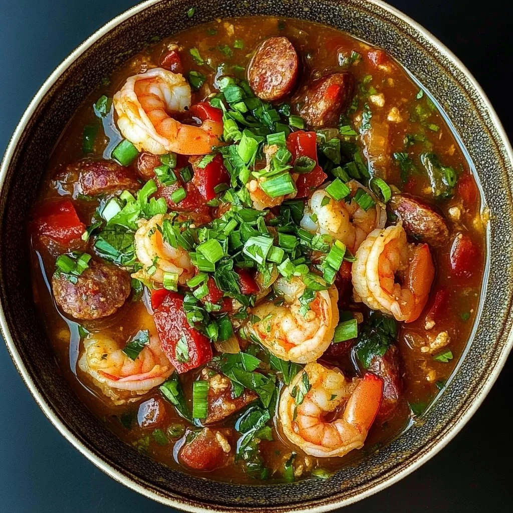 Bowl of spicy jambalaya soup with Andouille sausage and chicken garnished with herbs.