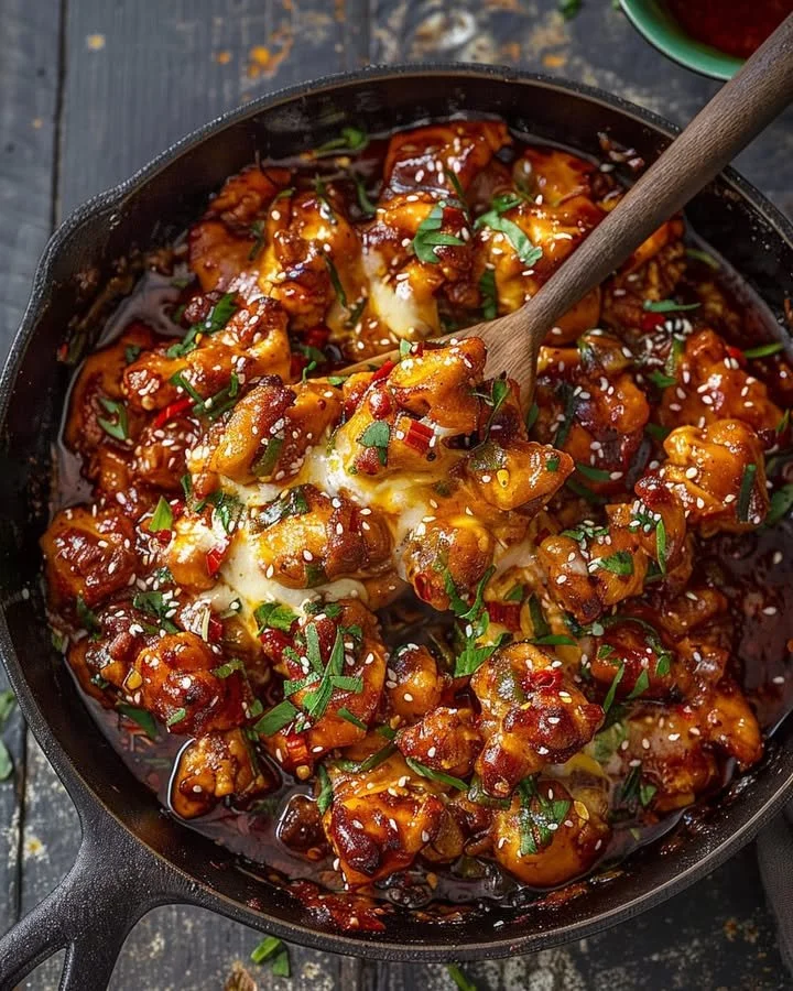 Spicy Korean Chicken topped with melted cheese