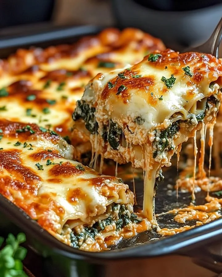 Spinach lasagna layered with ricotta and three cheeses, baked to perfection.