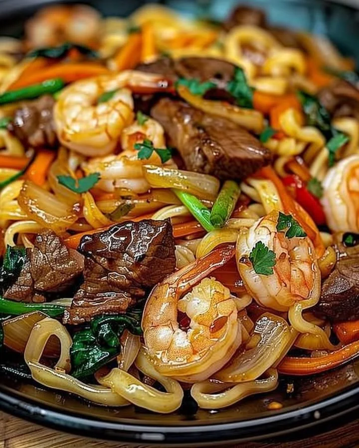 Delicious Steak Shrimp Stir-Fried Noodles topped with fresh vegetables