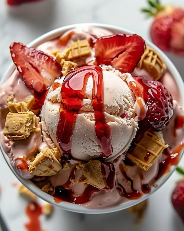 Delicious strawberry cheesecake ice cream in a bowl with fresh strawberries on top.