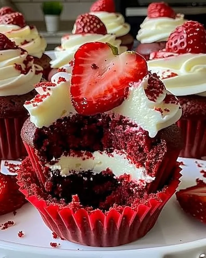 Strawberry Cheesecake Cupcakes with a luscious red velvet base
