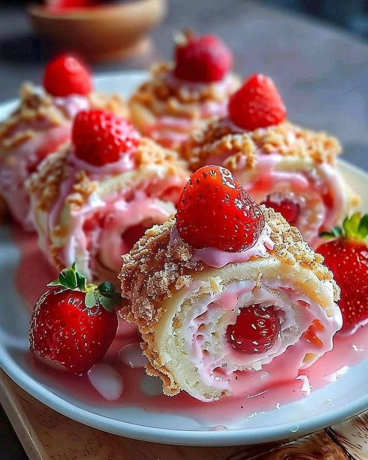 Strawberry cheesecake sweet rolls topped with fresh strawberries and cheesecake frosting