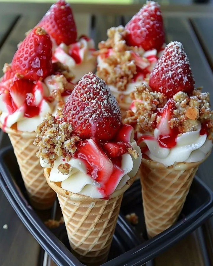 Strawberry Crunch Cheesecake Cones topped with crunchy crumble