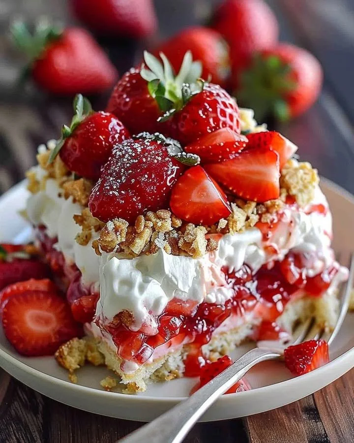 Strawberry Crunch Poke Cake topped with crispy crushed strawberries and creamy frosting