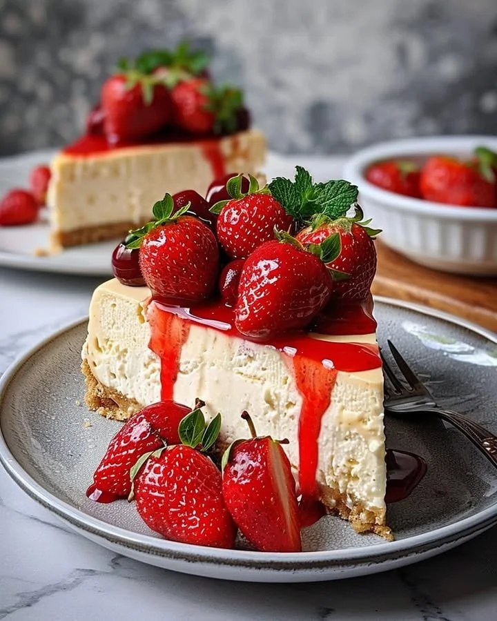 Slice of Strawberry Double Cheese Cheesecake topped with fresh strawberries