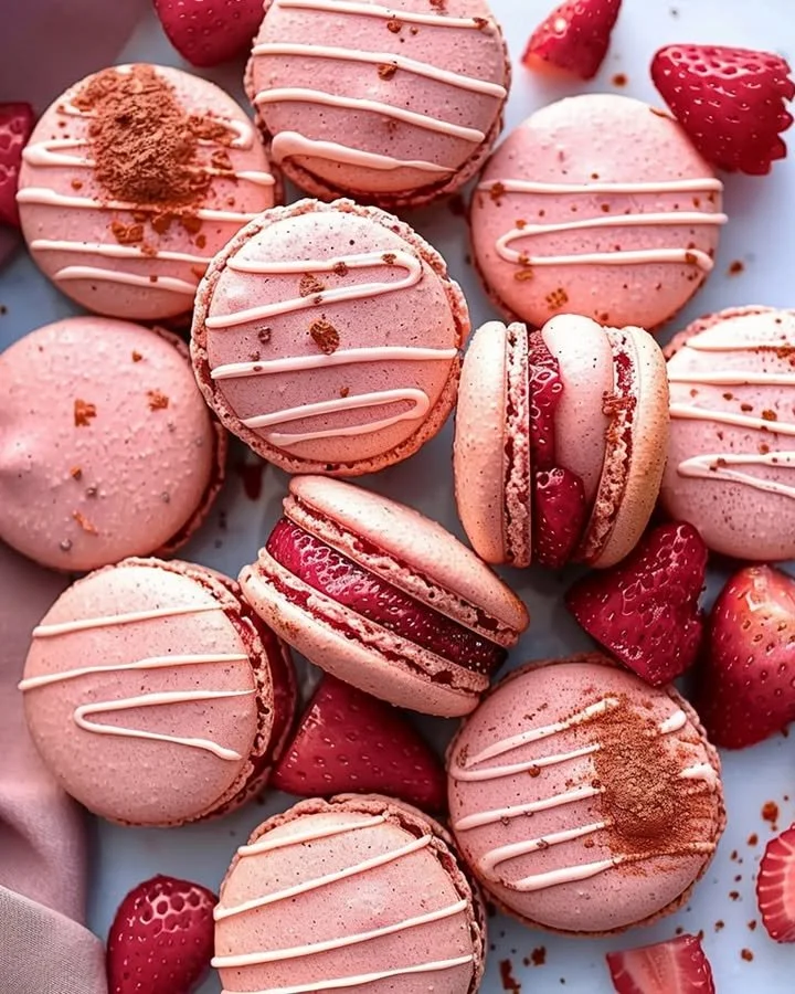 Strawberry French Macarons with pink filling on a decorative plate.