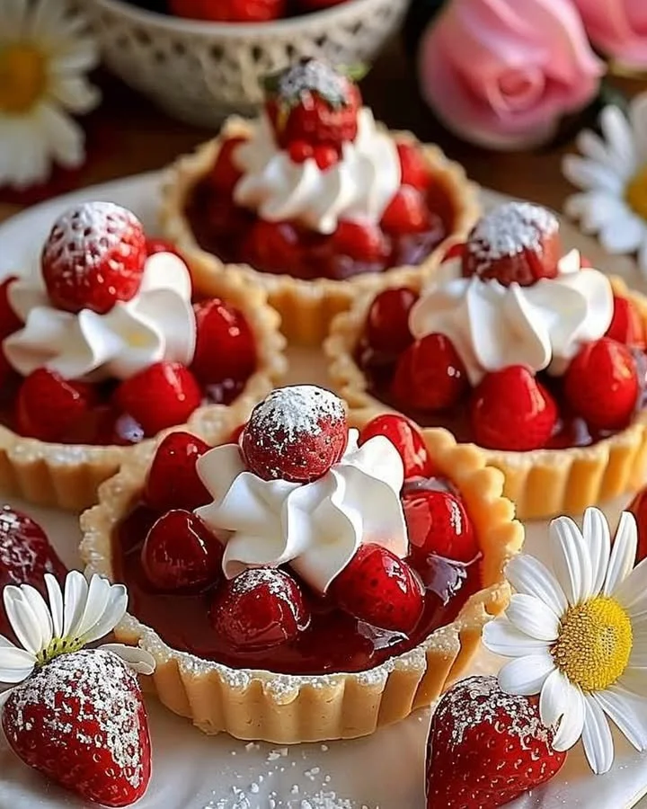 Delicious strawberry meringue tarts topped with fresh strawberries and fluffy meringue