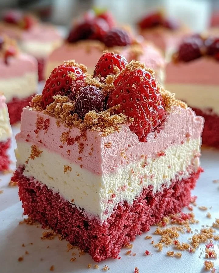 Strawberry mousse cake with a creamy cheese layer, decorated with fresh strawberries.