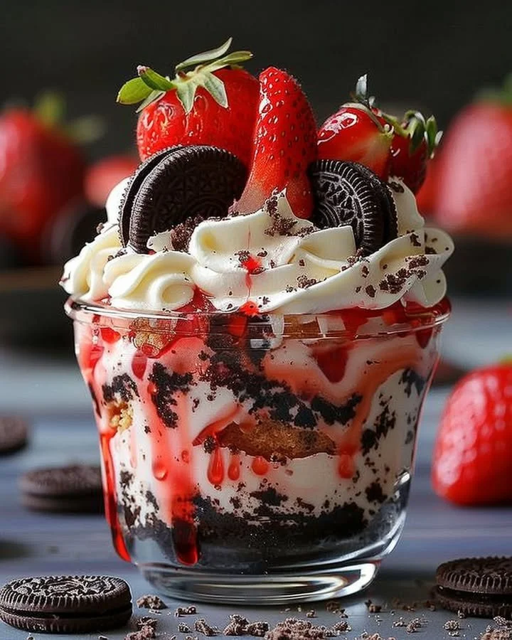 Strawberry Oreo Cheesecake Cup topped with fresh strawberries and crumbled Oreos