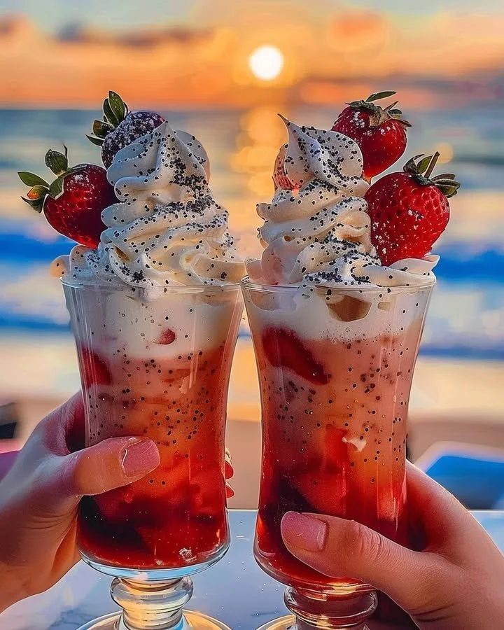 Strawberry Piña Colada topped with Malibu frosting in a glass