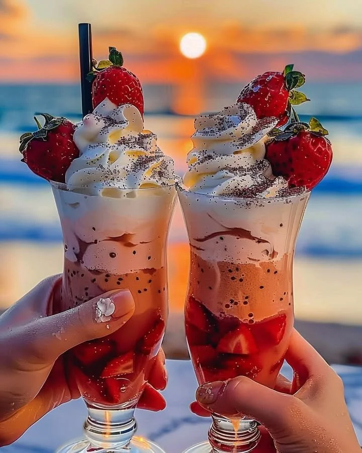 Delicious Strawberry Piña Colada topped with Malibu frosting in a glass.