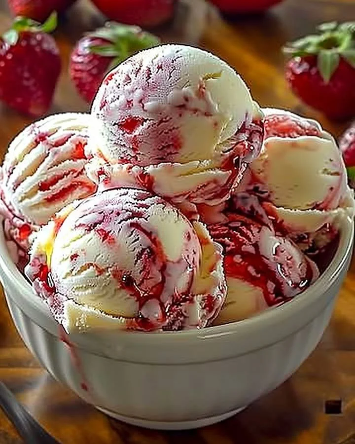 A bowl of delicious strawberry swirl ice cream topped with fresh strawberries