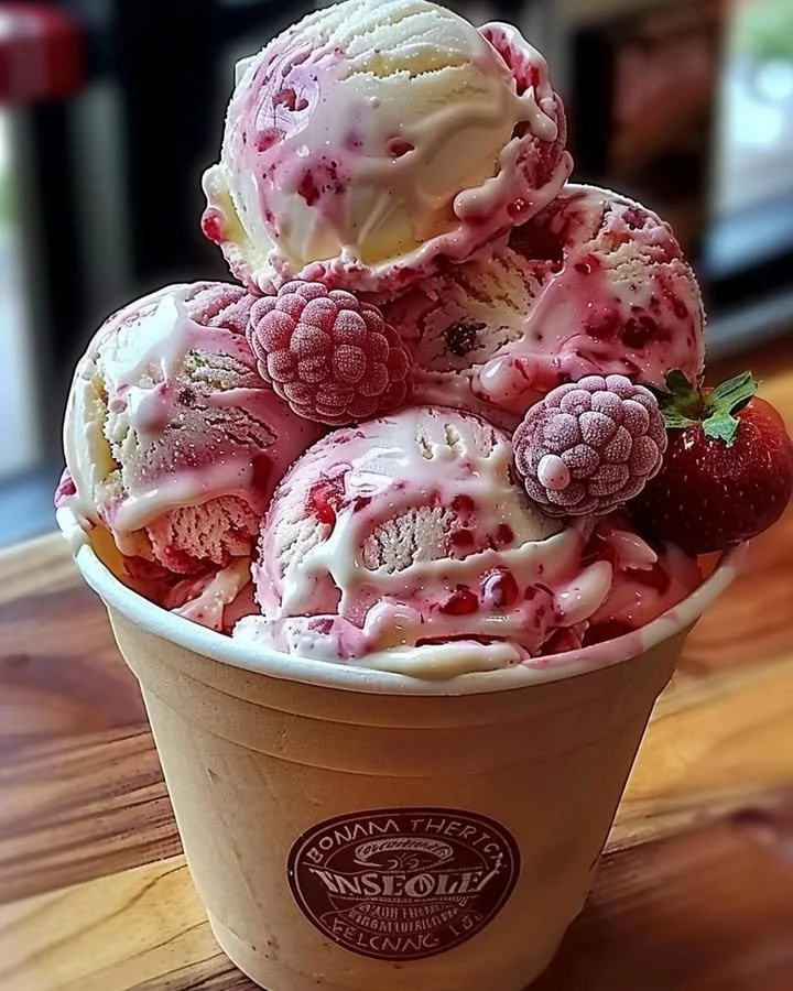 Delicious strawberry vanilla bean ice cream topped with fresh strawberries.