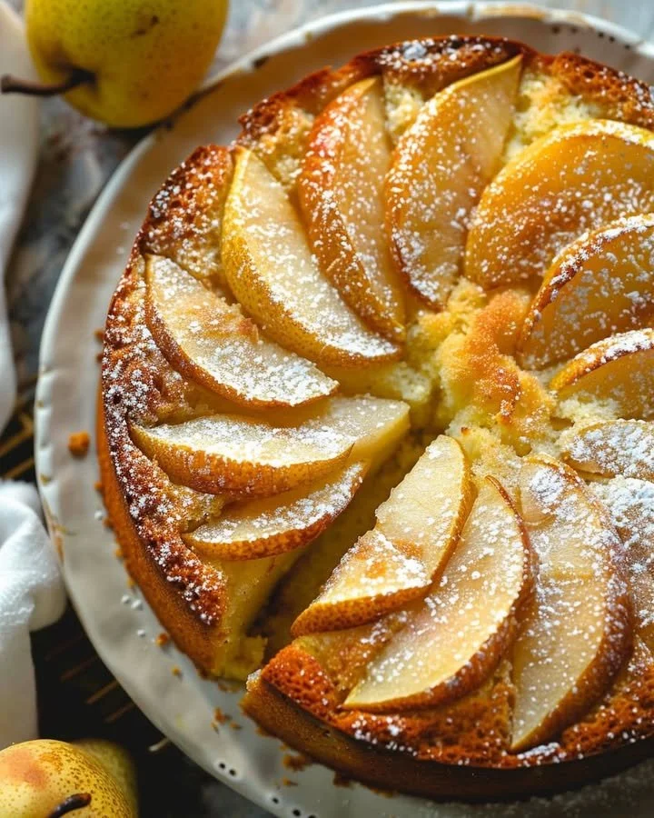 Deliciously baked super moist pear cake served on a plate