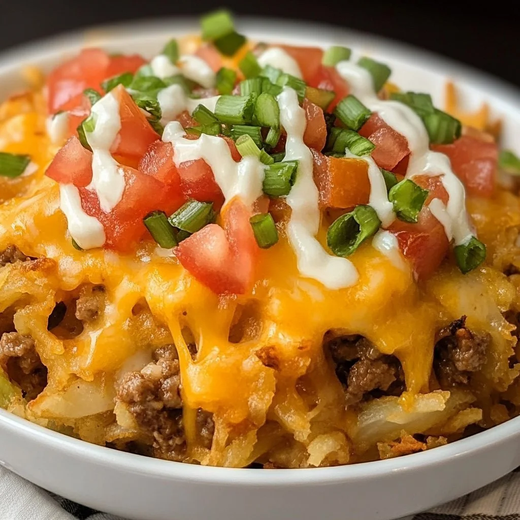 Delicious Taco Beef and Hash Brown Casserole topped with cheese