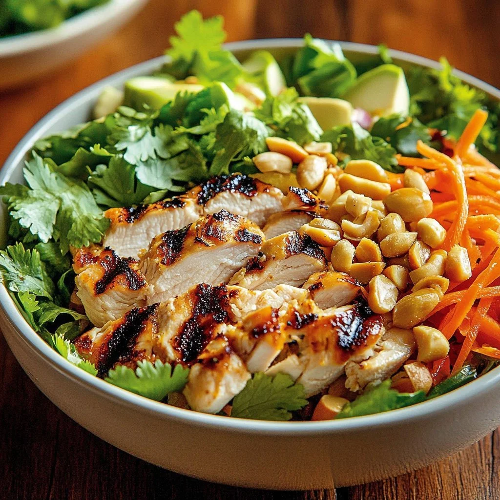 Delicious Thai Peanut Chicken Salad served in a colorful bowl