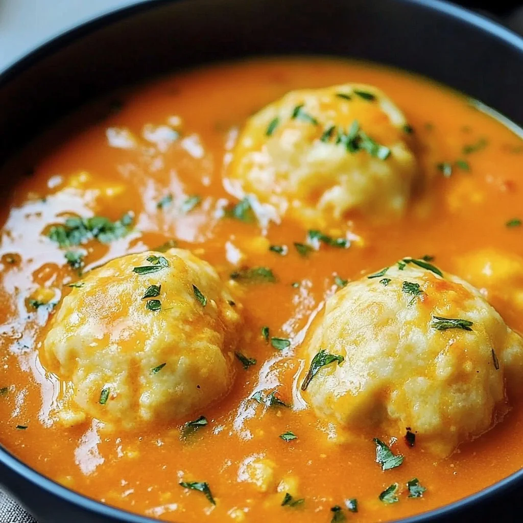 Delicious tomato soup garnished with cheddar dumplings in a bowl