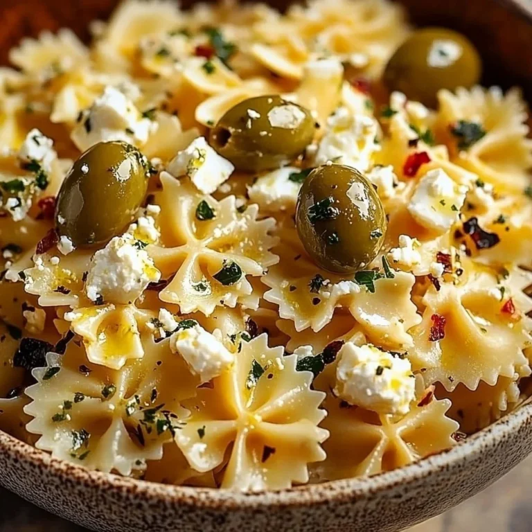 Tossed pasta with olives and feta served in a bowl garnished with herbs.