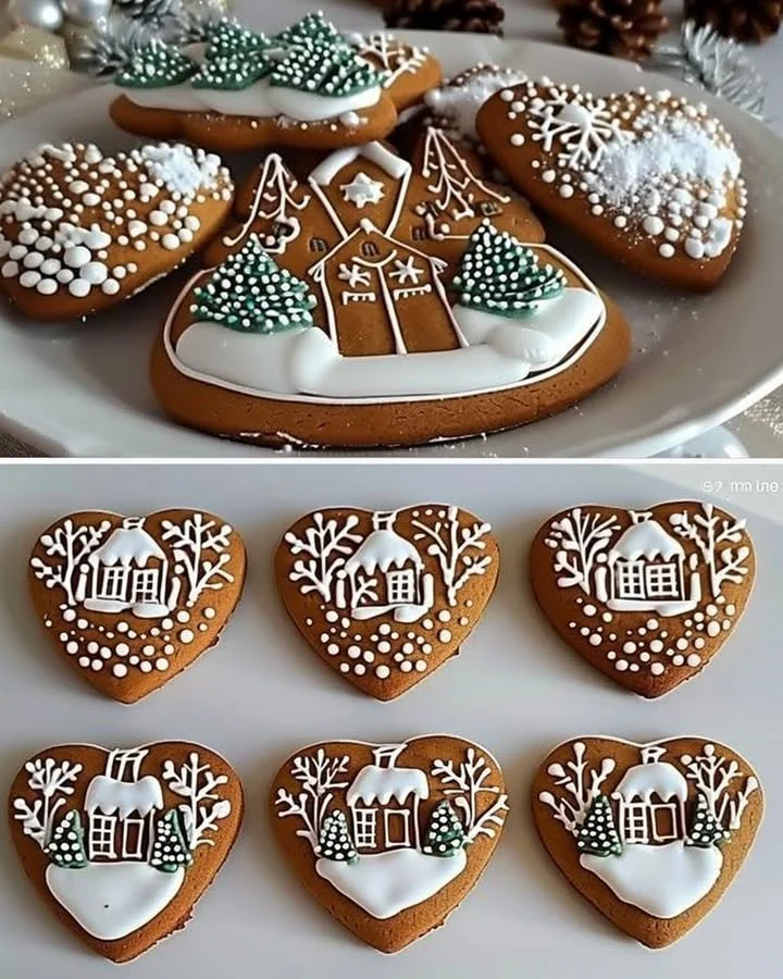 Assorted traditional gingerbread cookies decorated with a winter village theme
